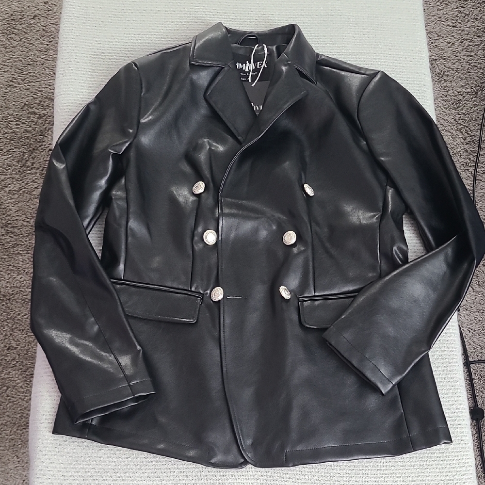 Black Double-Breasted Faux Leather Blazer With Pockets